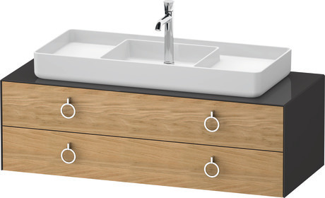 Console vanity unit wall-mounted, WT4992MH5H17010 Front: Natural oak Matt, Solid wood, Corpus: Graphite High Gloss, Lacquer, Console: Graphite High Gloss, Lacquer, Interior lighting: Integrated