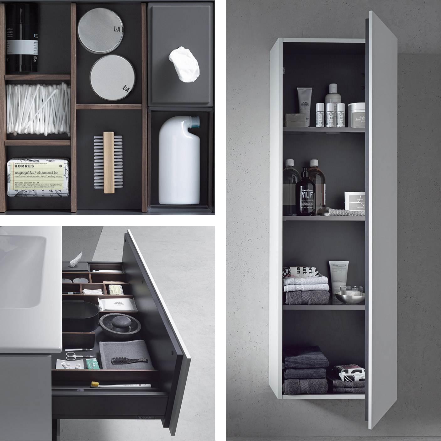 L-Cube vanity and tall cabinet with spacious storage compartments
