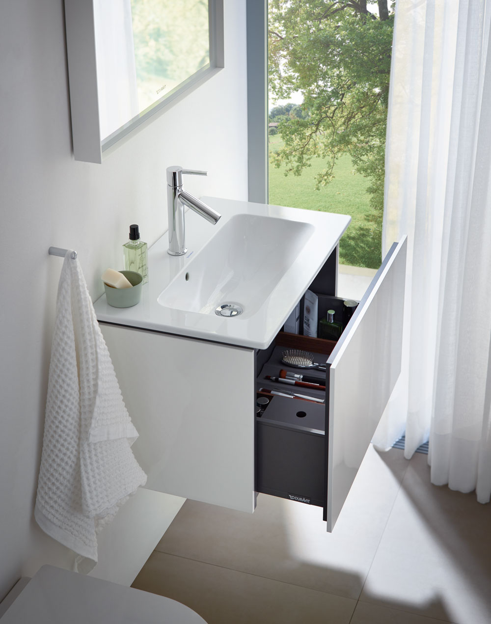 Lavabo consolle c-shaped con base L-Cube e specchio in Bianco 
