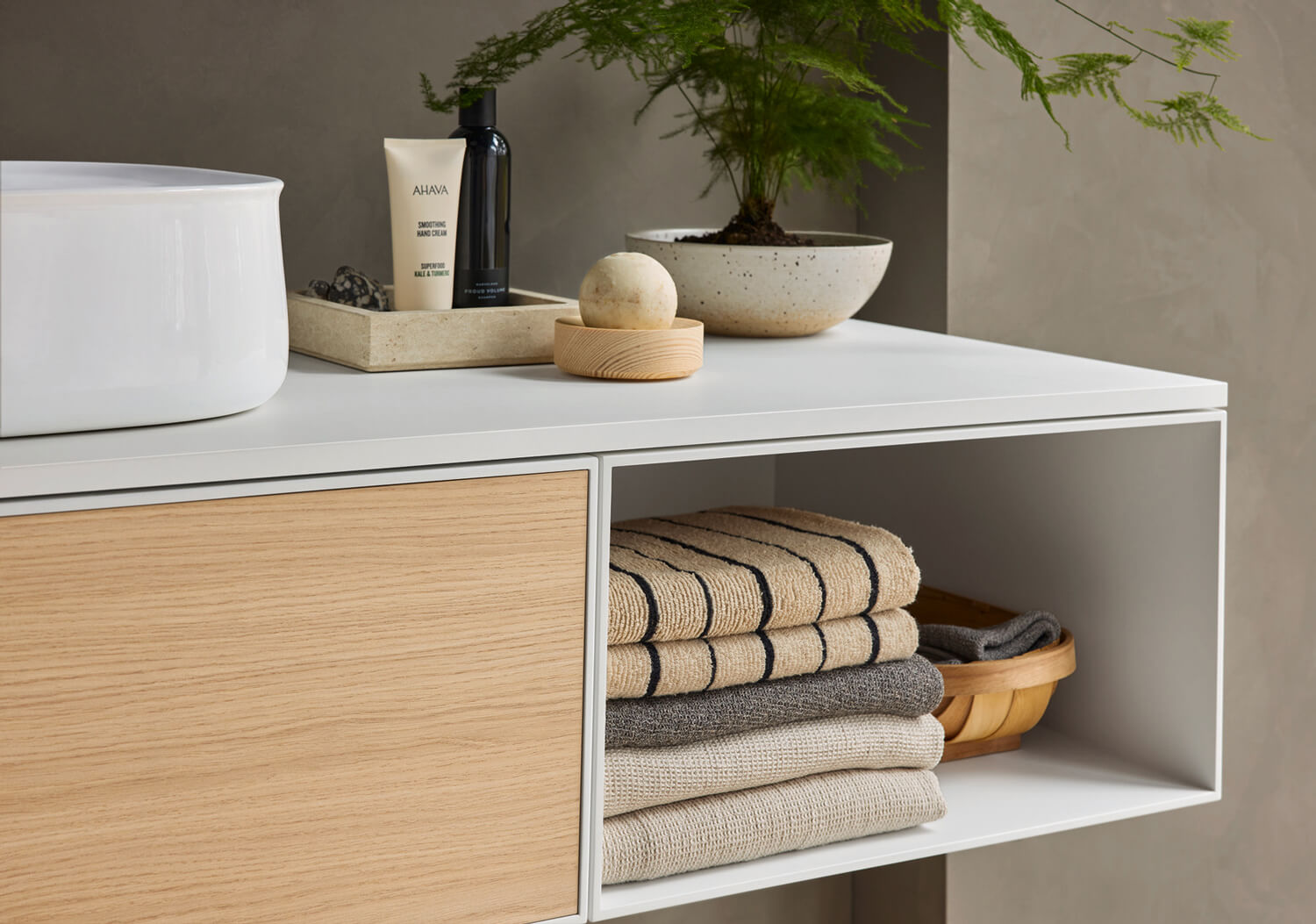 Zencha vanity unit wall mounted with storage shelf
