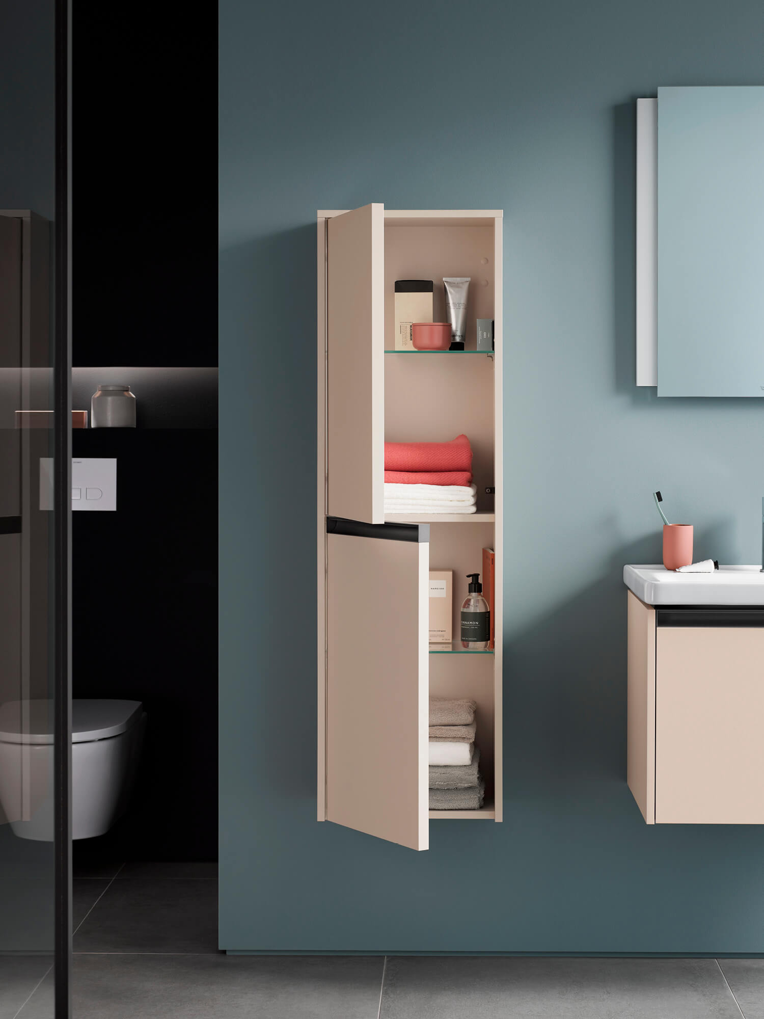 Opened Ketho.2 bathroom cabinet made of wood
