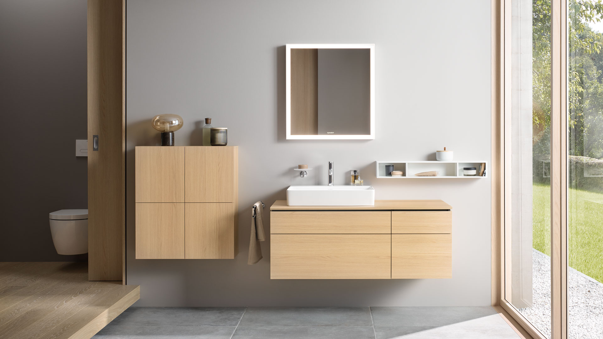 Bathroom with L-Cube bathroom furniture in wood look
