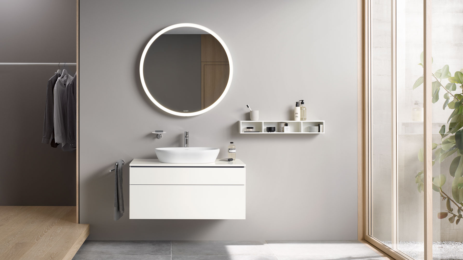 L-Cube furniture washbasin c-shaped, shelf element and mirror