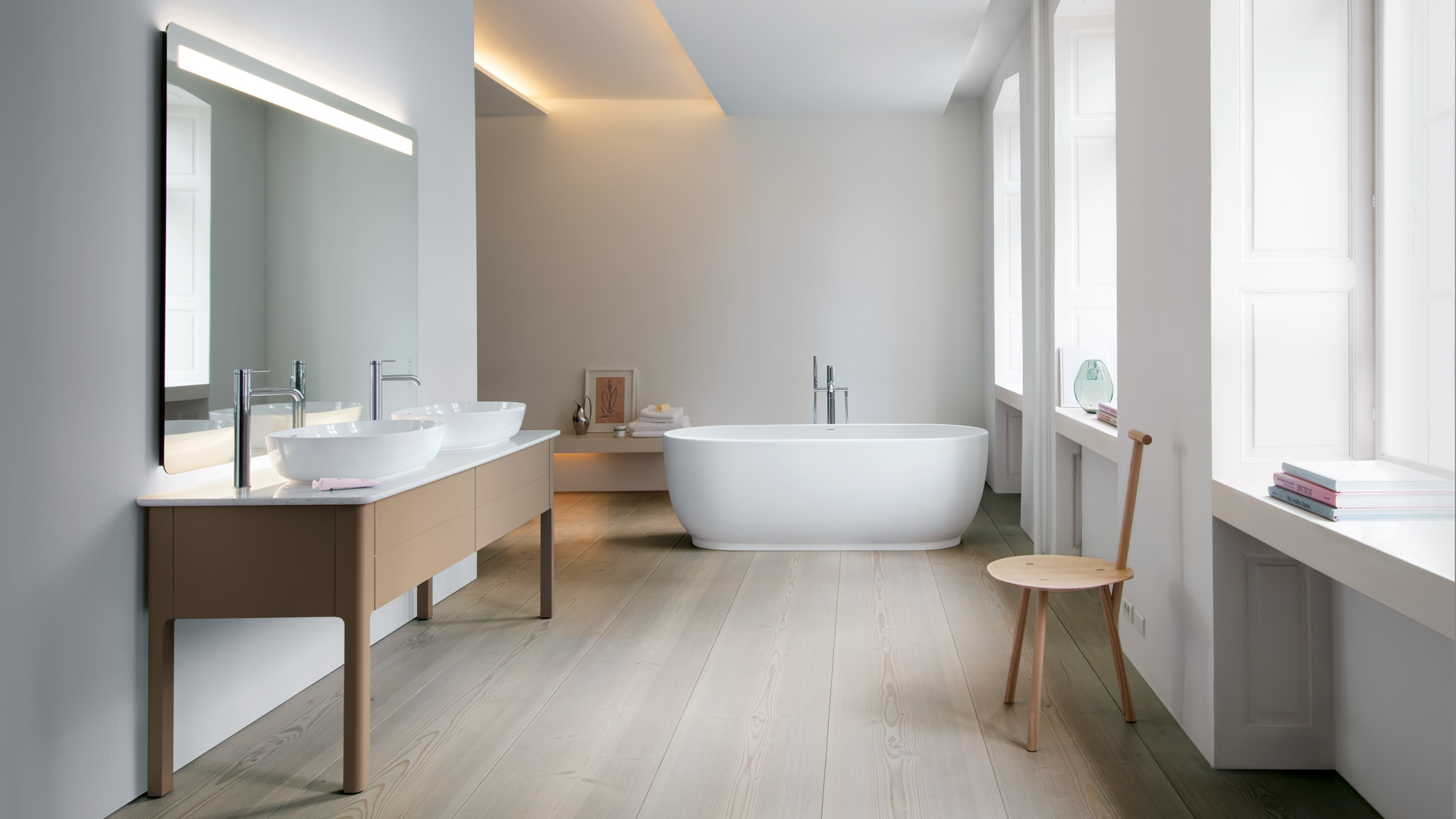 Large bathroom with Luv mineral cast bathtub

