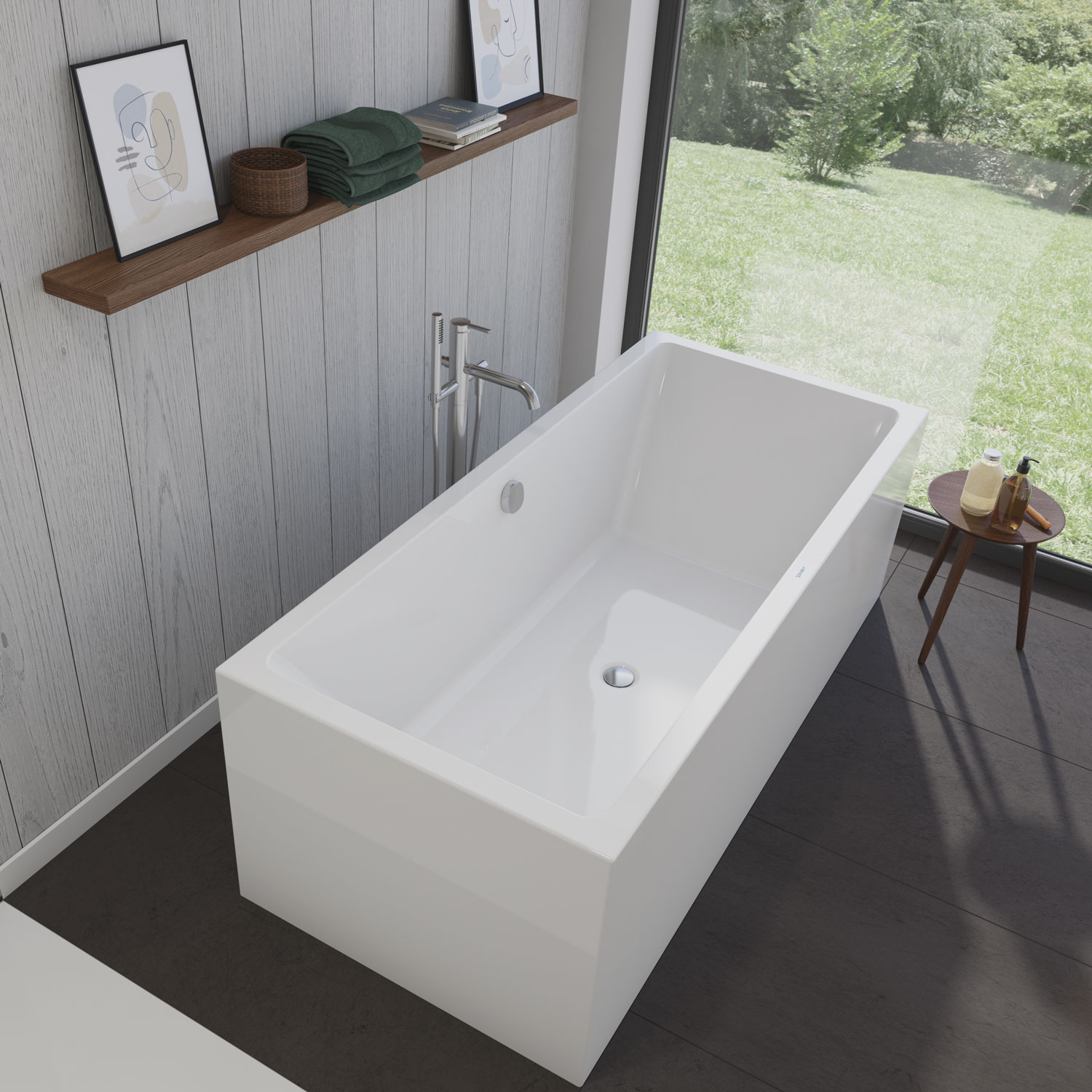 Vero Air acrylic bathtub in front of glass panel
