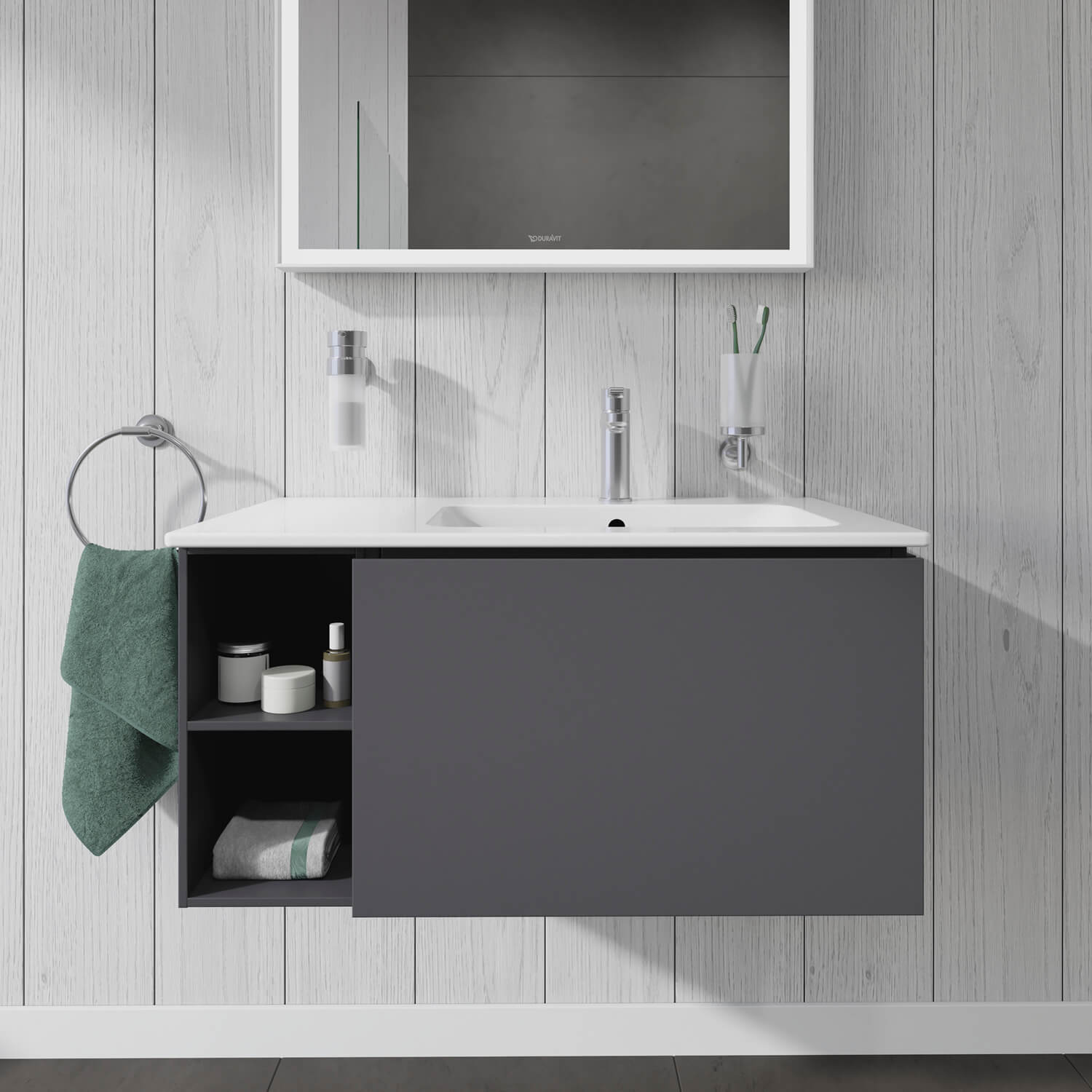 L-Cube vanity unit wall-mounted with shelf element on the side
