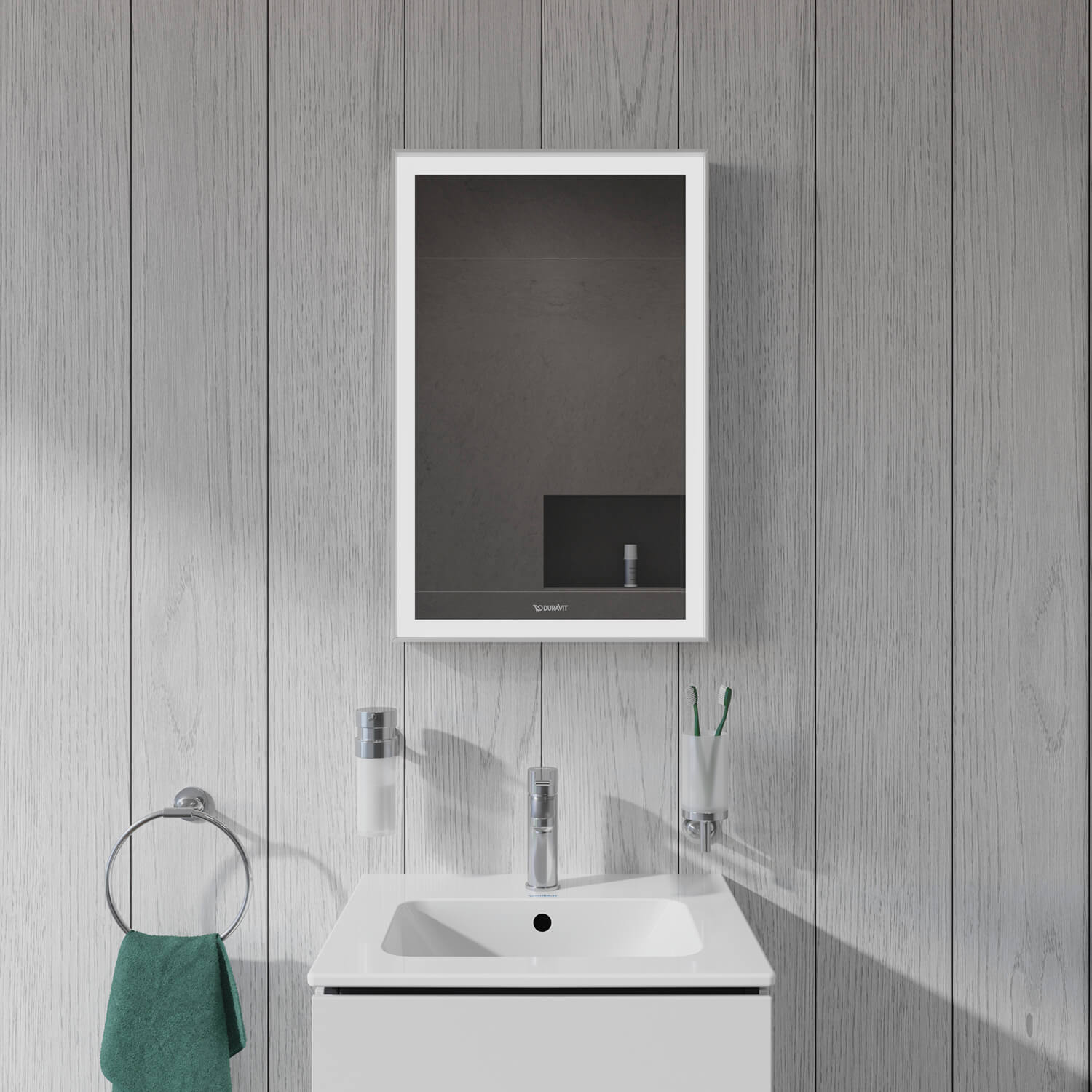 Straightforward L-Cube mirror suitable for guest toilet