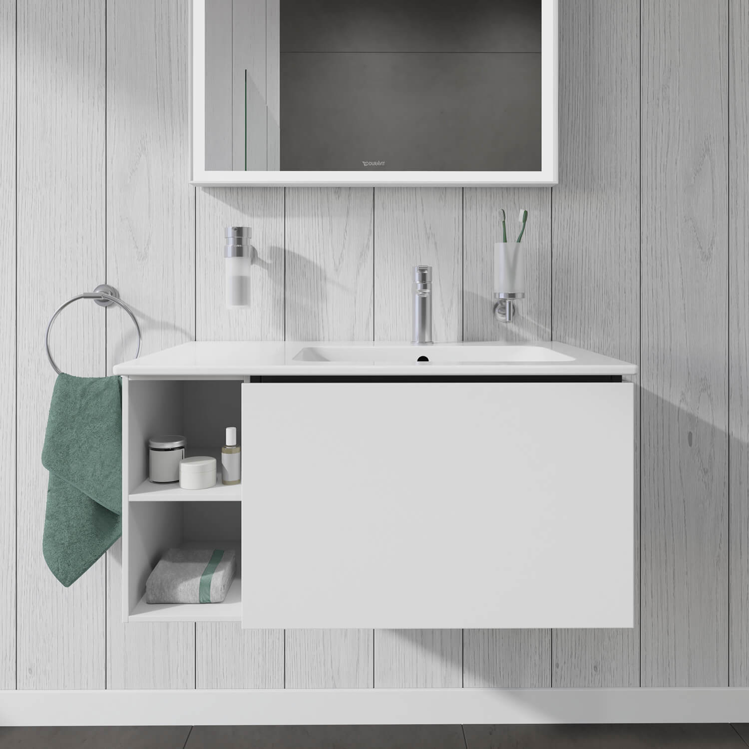 L-Cube vanity unit with shelf element on the side