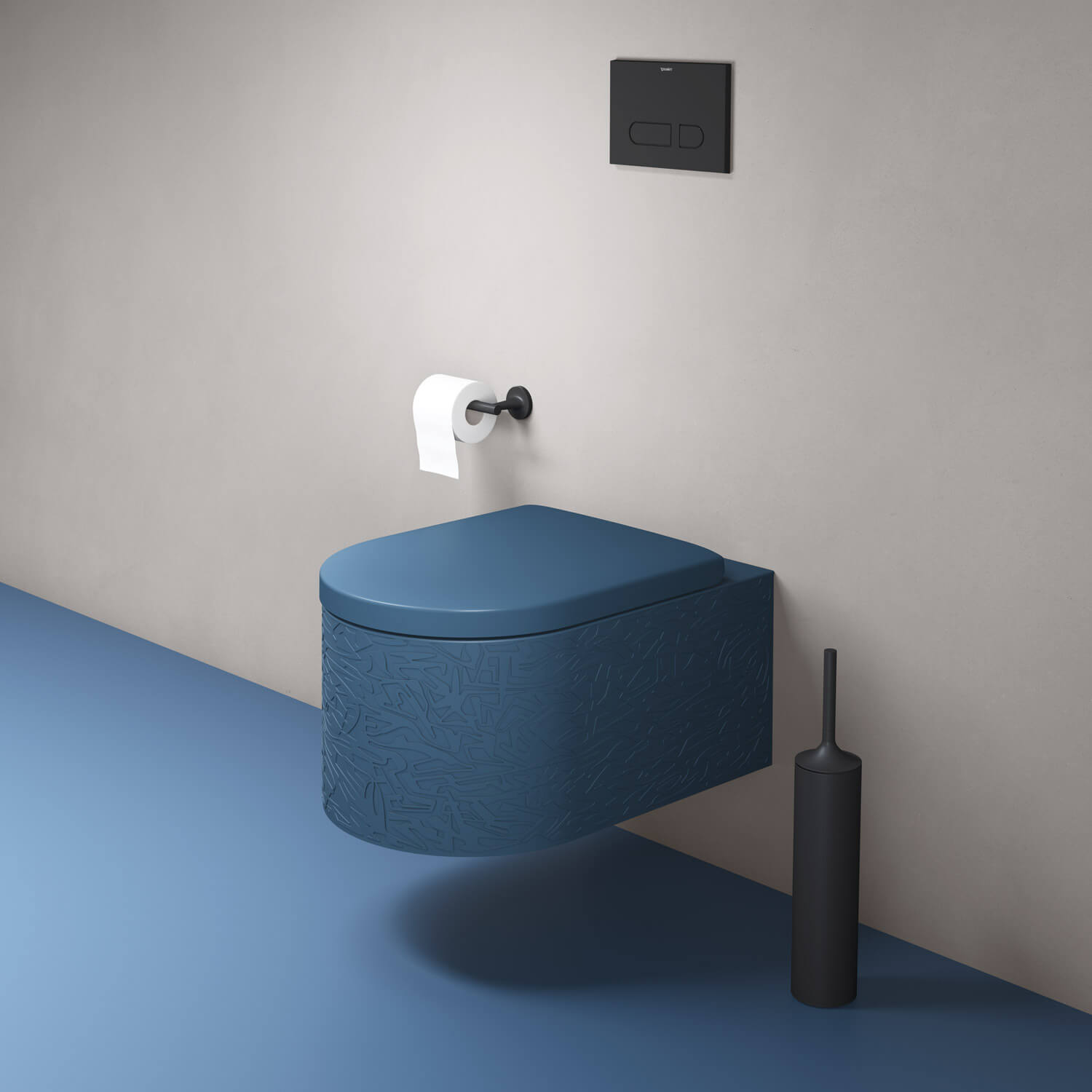 Millio WC Parlour Blue Matt and patterned from the side
