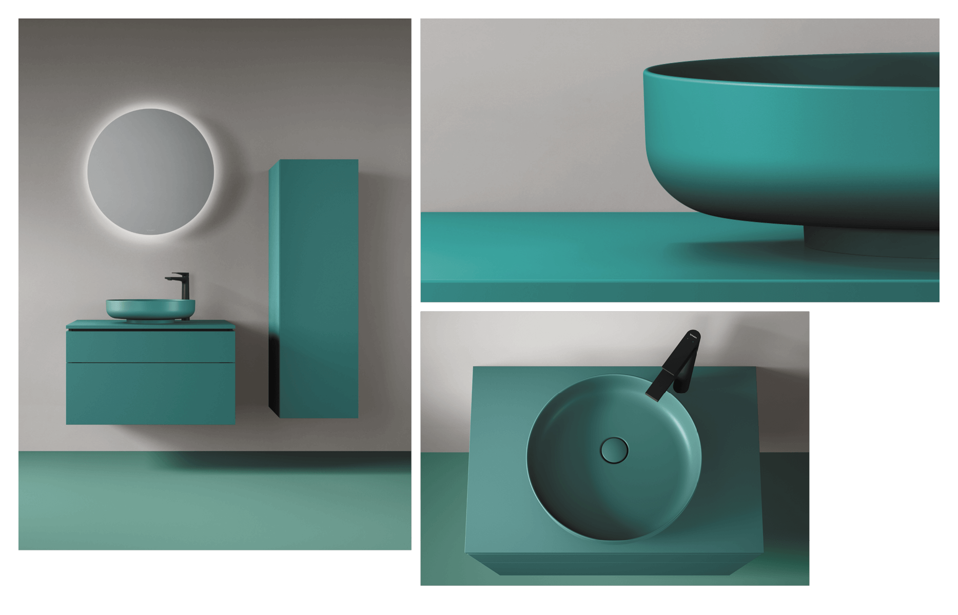 Vitrium furniture and washbasin in Greenblue Matt
