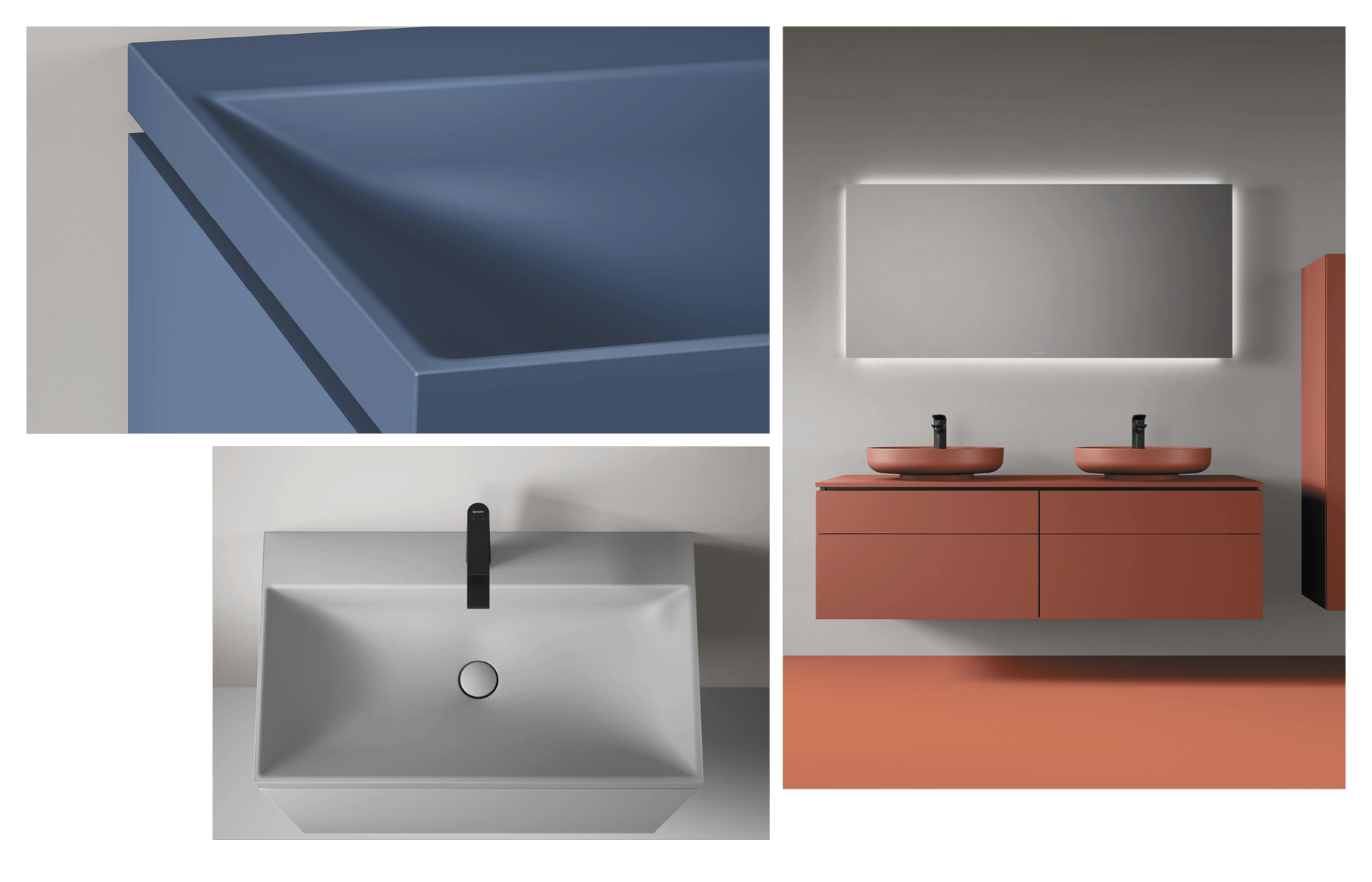 Bathroom furniture and bathroom ceramics in various matt colours
